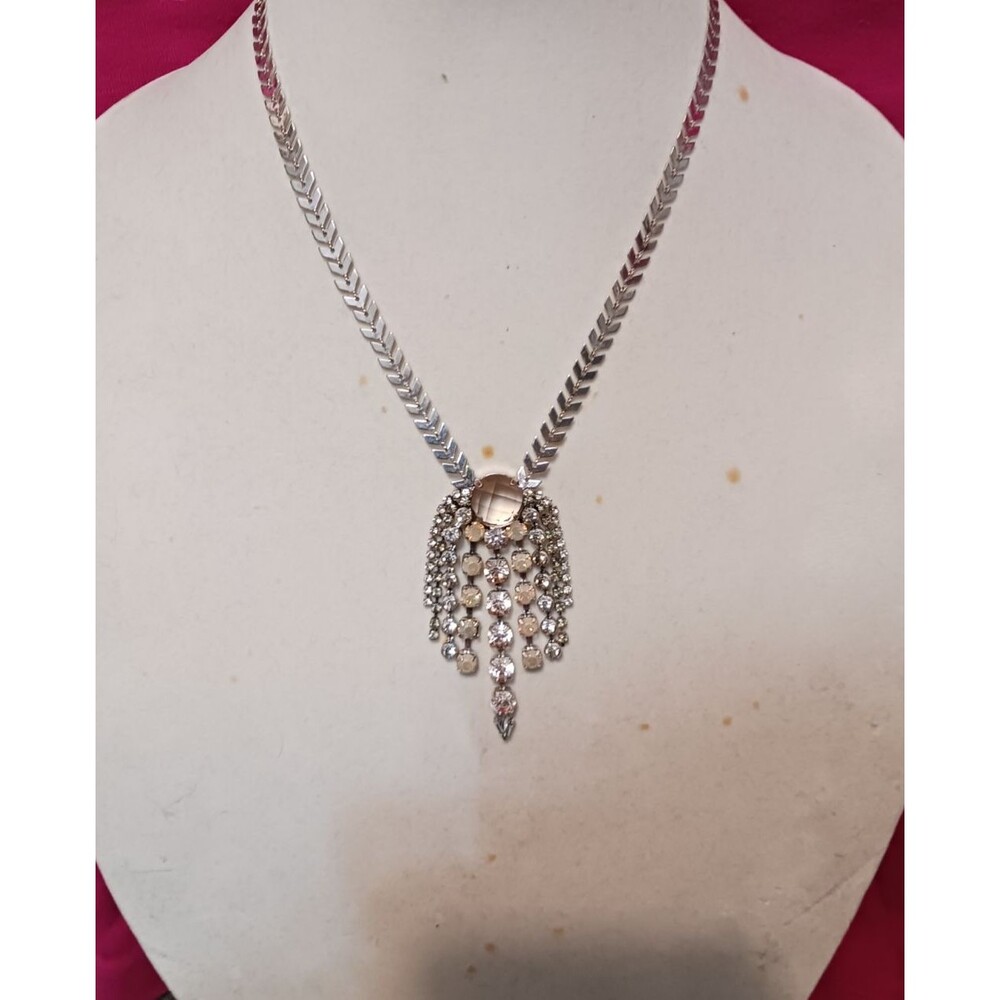 Vintage Express Silver Necklace Chevron Herringbone Chain Rhinestone Waterfall - Picture 11 of 13